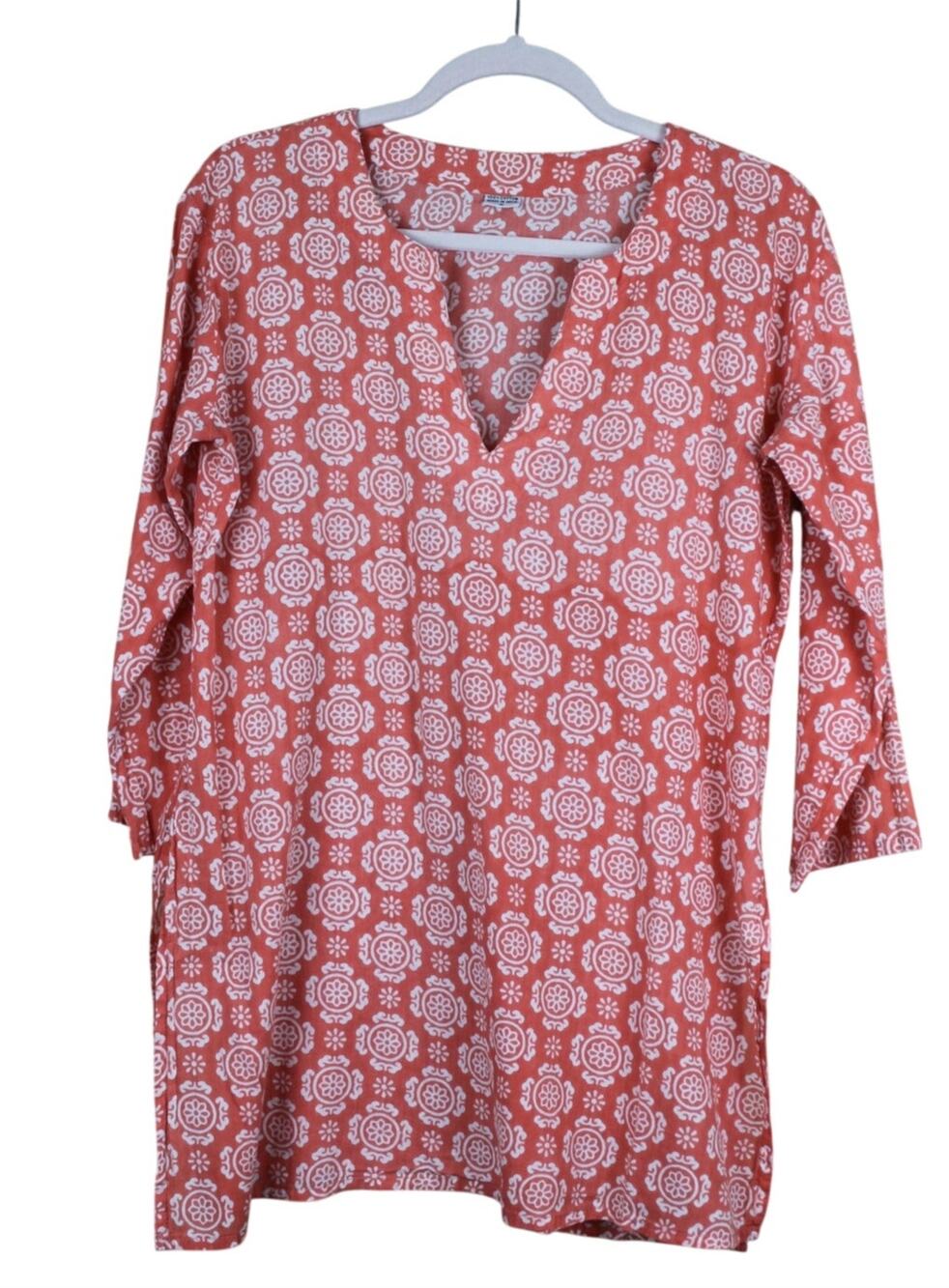 Orange & White Print 100% Cotton Casual Swimsuit Cover Up 3/4" Sleeves Size M